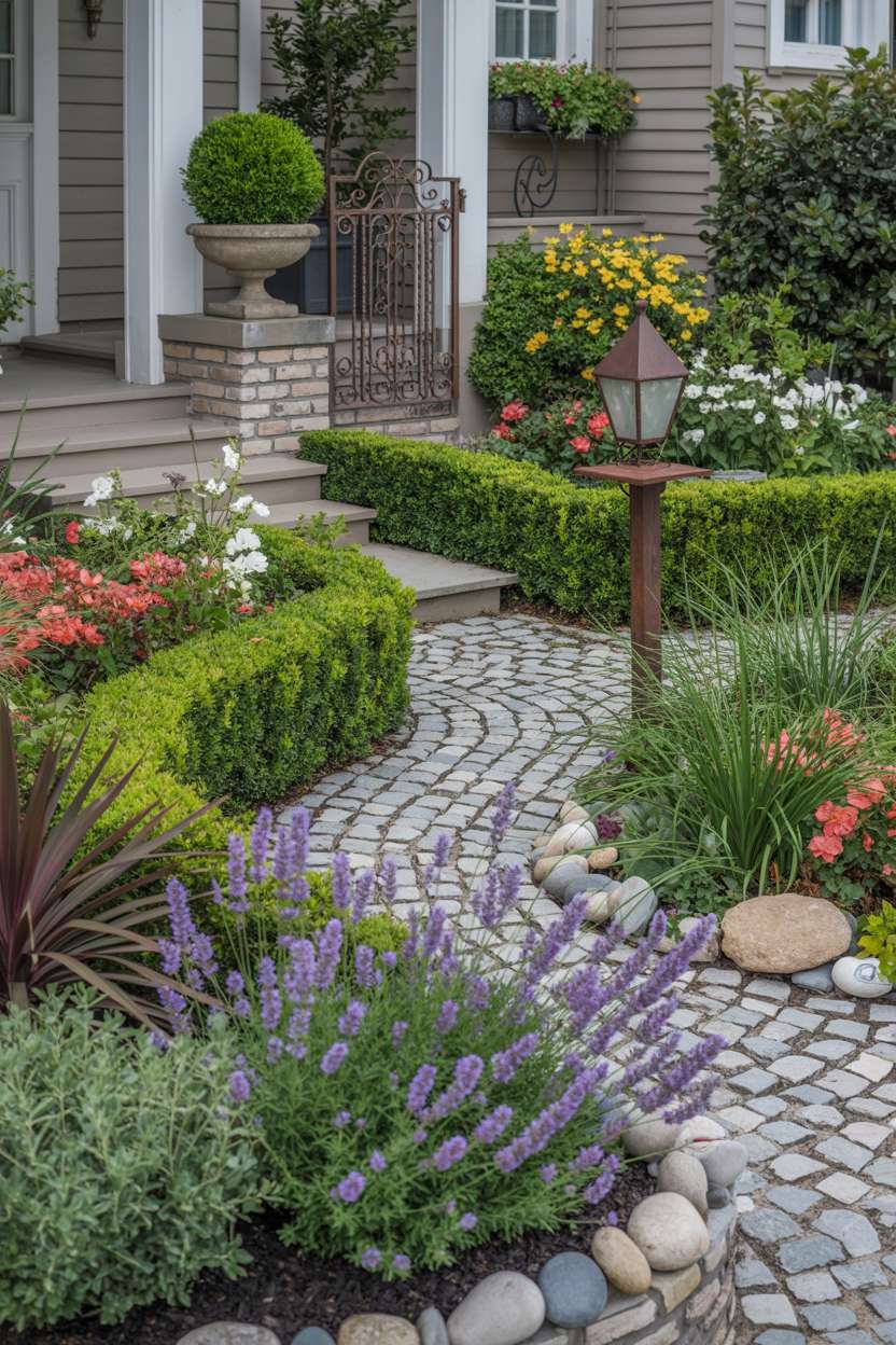 A residential front garden with winding cobblestone pathway, purple lavender and ornamental grasses, manicured boxwood hedges, seasonal blooms, wrought iron gate, and vintage lanterns