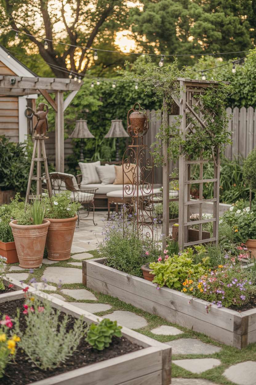 A home garden with stone pathways, raised flower beds with perennials and herbs, terracotta planters, wooden trellis with climbing jasmine, and wrought iron furniture with string lights