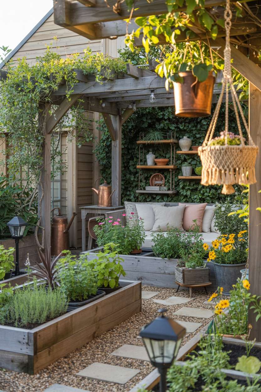 A home garden with raised wooden planters filled with herbs and flowers, gravel pathway with solar lanterns, wooden pergola with climbing jasmine, and hanging macramé planters