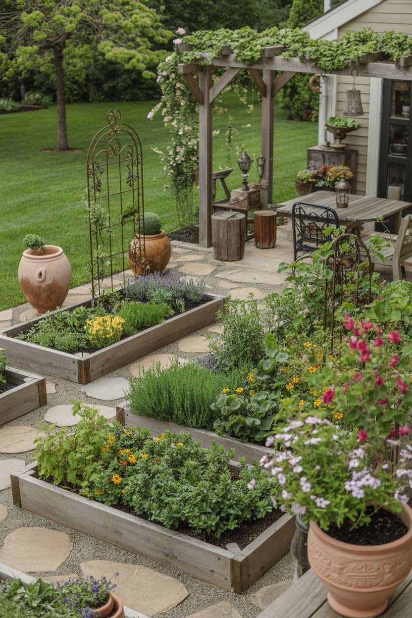 A home garden with raised wooden planter beds, stone pathways connecting different zones, wrought iron trellises with climbing vines, terracotta planters, and wooden pergola with jasmine