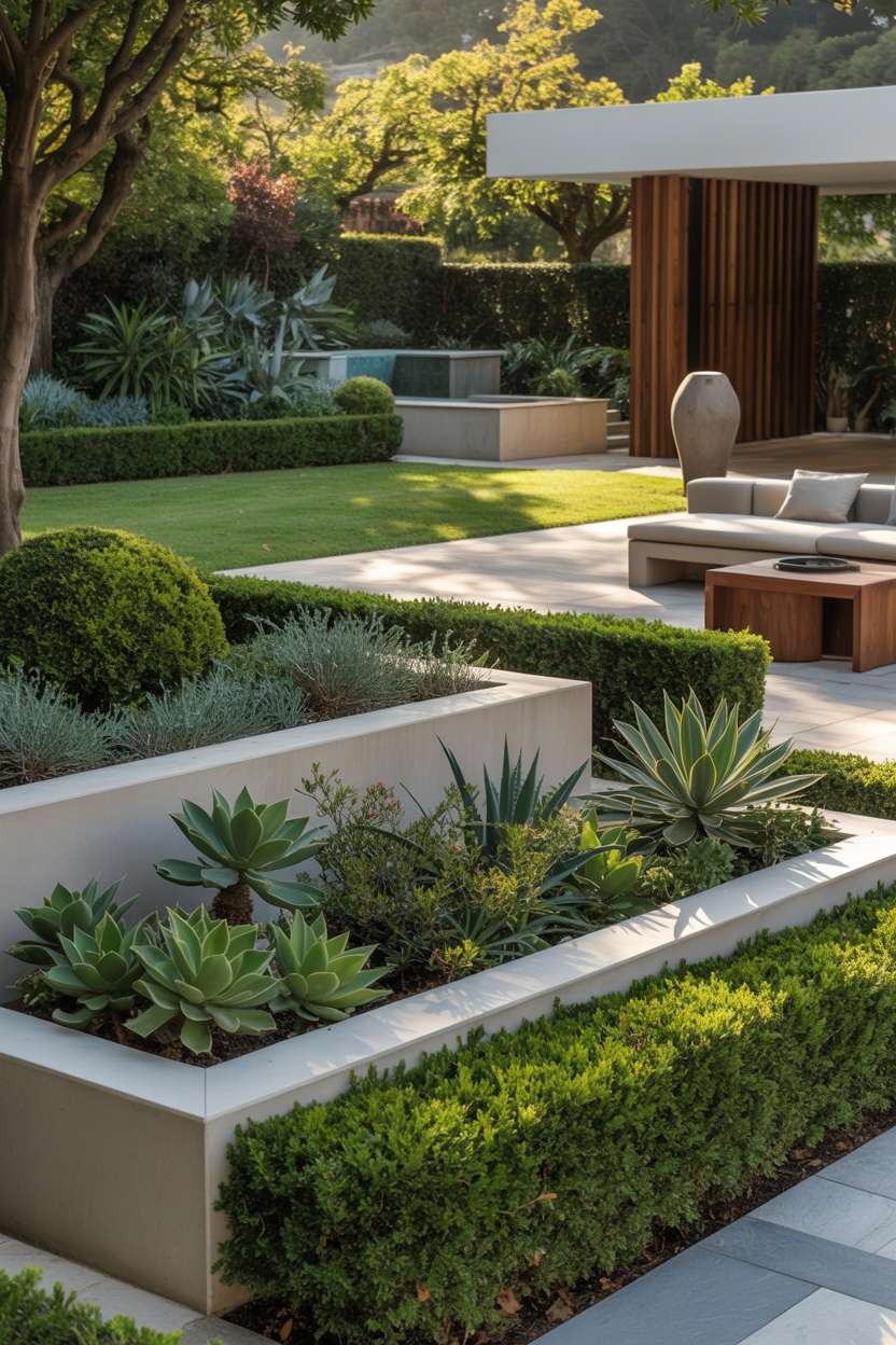 A contemporary home garden with geometric planters, manicured hedgerows, sculptural succulents, ornamental grasses, polished stone pathway, and brushed steel water feature