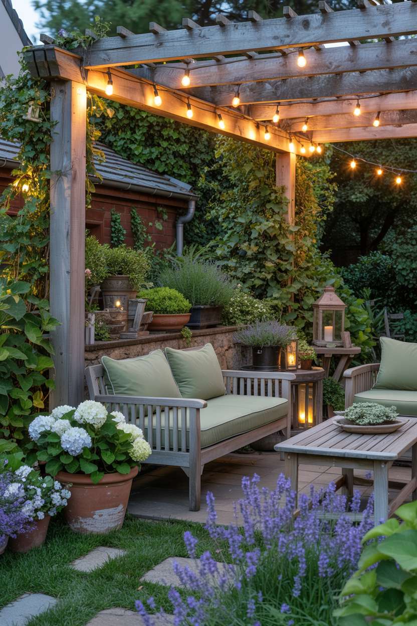 A cozy home garden with weathered teak furniture, sage green cushions, cascading ivy, purple lavender, white hydrangeas in terracotta pots, string lights, and water fountain