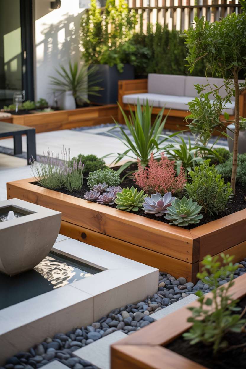 A small home garden with modern minimalist design, raised cedar planter boxes with succulents and grasses, river stones, sleek metal planters, contemporary concrete fountain, and landscape lighting