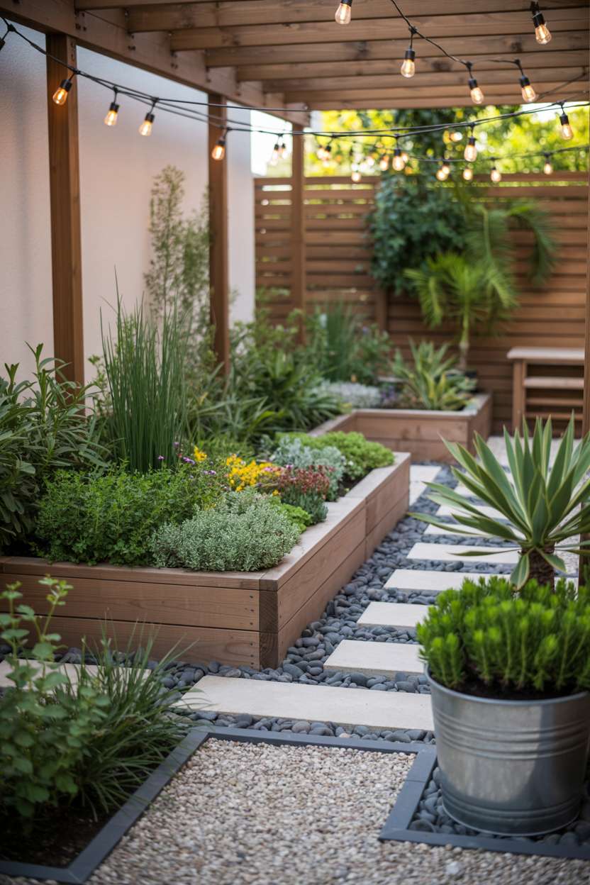 A stylish small home garden with modern minimalist design, raised wooden planters with herbs and flowers, sleek gravel pathway, metal planters with succulents, and warm string lights
