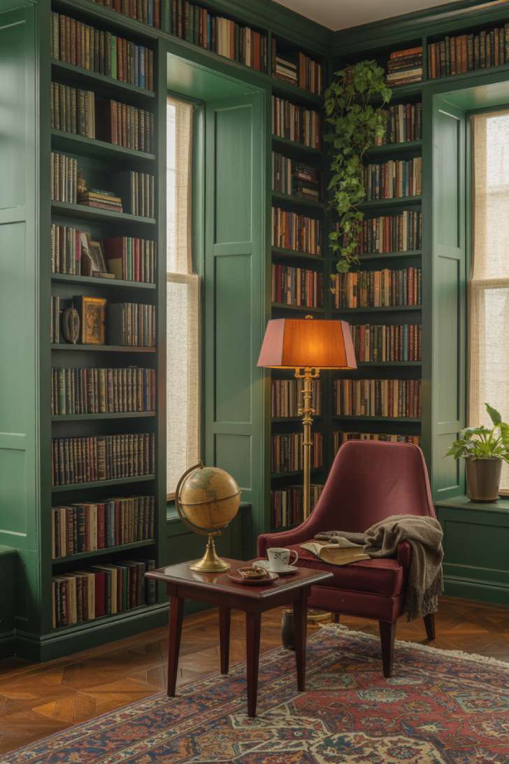 Elegant home library with deep forest green built-in bookshelves and burgundy velvet reading chair
