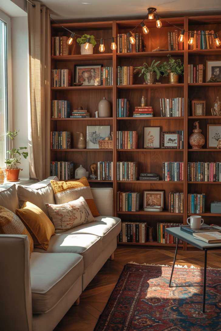 Cozy home library with wooden bookshelves, cream sofa, Edison bulb string lights, and Persian rug