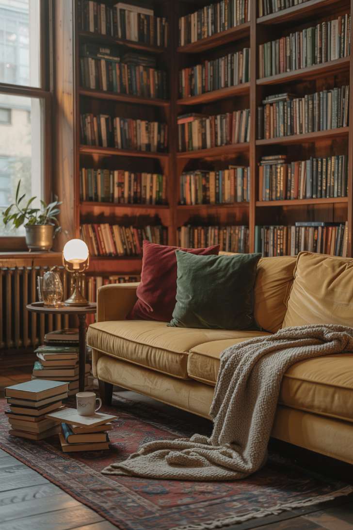 Warm home library with wooden bookshelves, cream velvet sofa, vintage brass lamp, and worn Persian rug