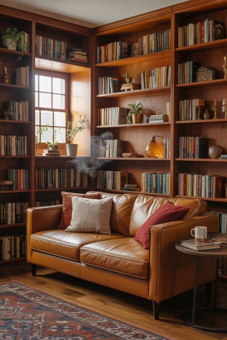 Cozy library with wooden bookshelves, caramel leather sofa, and golden afternoon light streaming through windows
