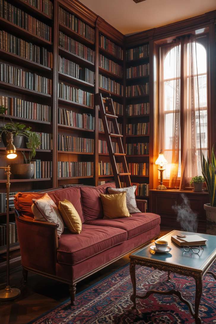 Grand home library with mahogany bookshelves, burgundy velvet sofa, rolling wooden ladder, and arched window