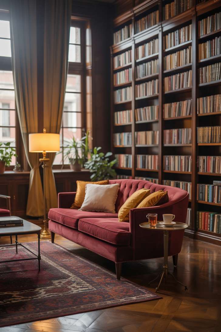 Inviting library with dark wooden bookshelves, burgundy velvet sofa, brass floor lamp, and Persian rugs