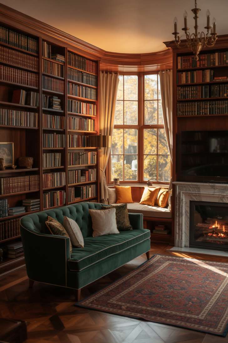 Elegant library with built-in bookshelves, emerald velvet sofa, marble fireplace, and bay window reading nook