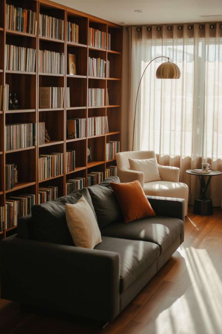 Modern library with walnut bookshelves, charcoal sectional, ivory armchair in corner reading nook with brass floor lamp