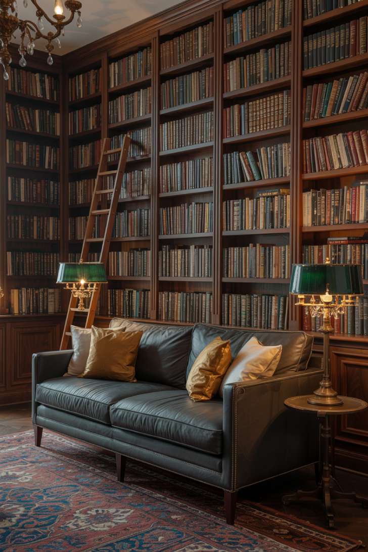 Sophisticated library with dark walnut bookshelves, charcoal velvet sofa, brass library ladders, and crystal chandelier