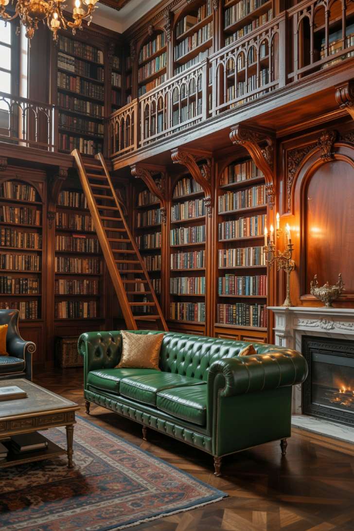 Extraordinary library with mahogany bookshelves, spiral staircases, emerald Chesterfield sofa, and marble fireplace