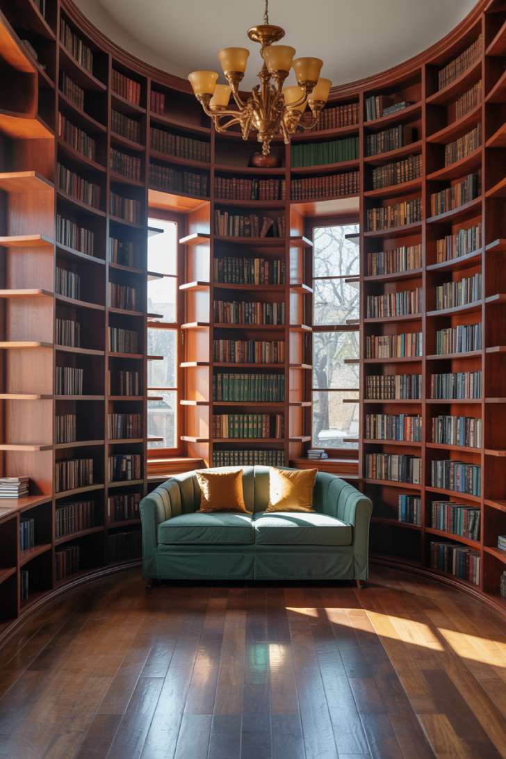 Enchanting library with organic wave-pattern curved bookshelves, emerald velvet sofa, and brass chandelier