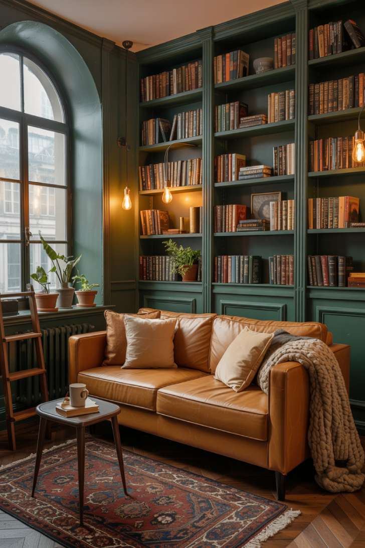 Cozy library with forest green built-in bookshelves, cognac brown velvet sofa, arched window, and Edison bulb lighting