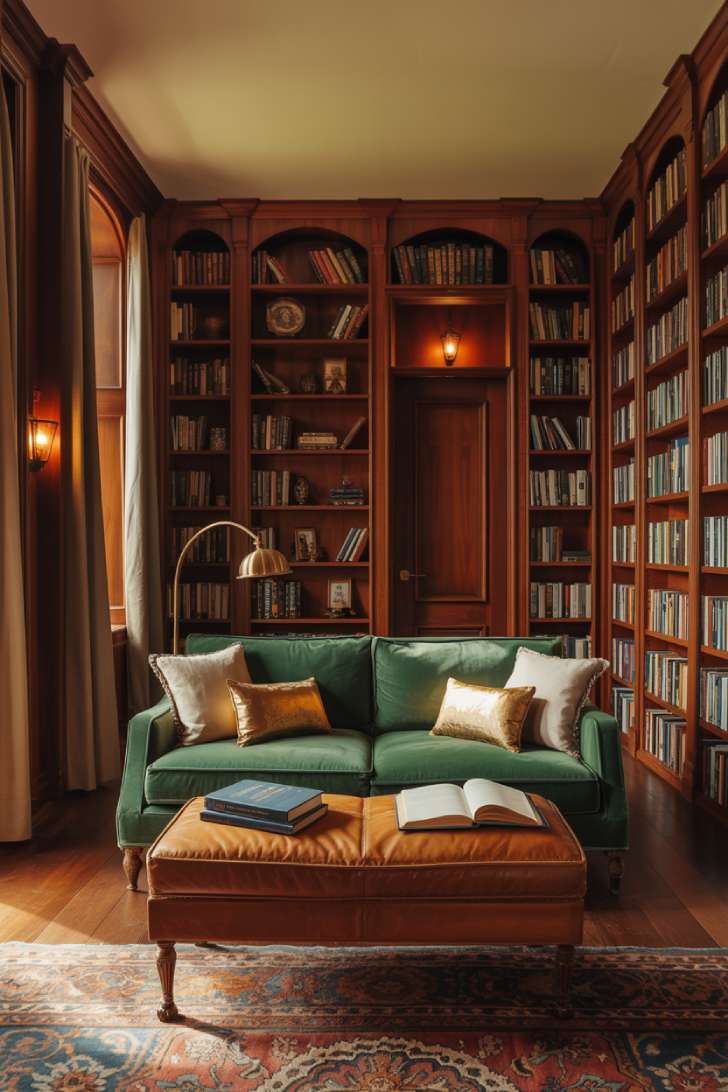 Elegant library with mahogany built-in bookshelves on three walls, emerald velvet sofa, and Persian rug