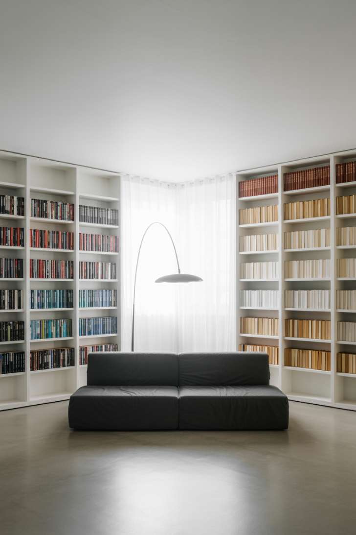 Minimalist library with white built-in bookshelves, charcoal sectional, black arc floor lamp, and concrete floors