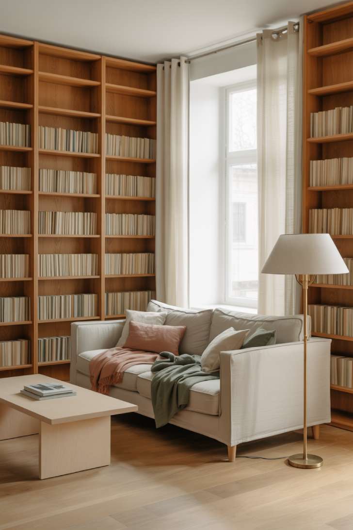 Minimalist Scandinavian library with white oak bookshelves, cream linen sofa, and pale birch coffee table