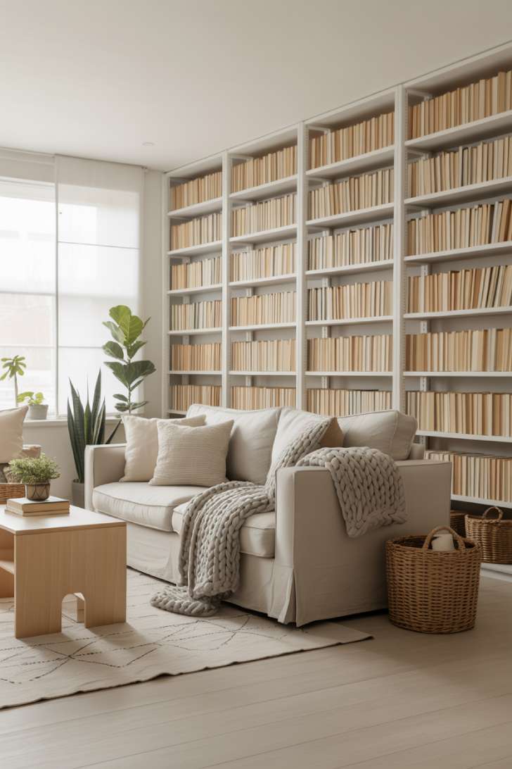 Scandinavian library with white oak bookshelves, cream linen sofa, chunky knit blankets, and fiddle leaf fig plants