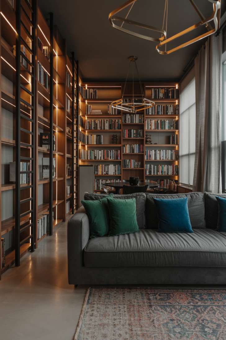 Contemporary library with bookshelves featuring LED strip lighting, charcoal sectional, and geometric brass chandelier
