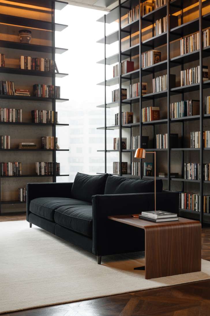 Contemporary library with black steel and glass bookshelves, charcoal velvet sofa, walnut reading table, and copper lamp