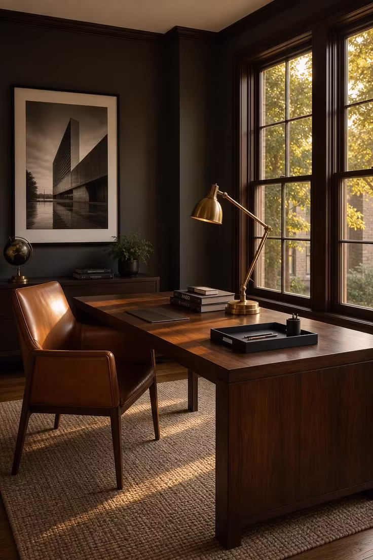 A charcoal-walled home office with a walnut desk, cognac leather chair, and warm golden afternoon light streaming through the windows.