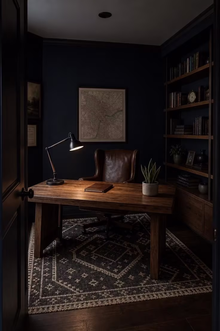 A navy-walled home office in low ambient light with a wide oak desk, dark leather wingback chair, and open walnut shelving.