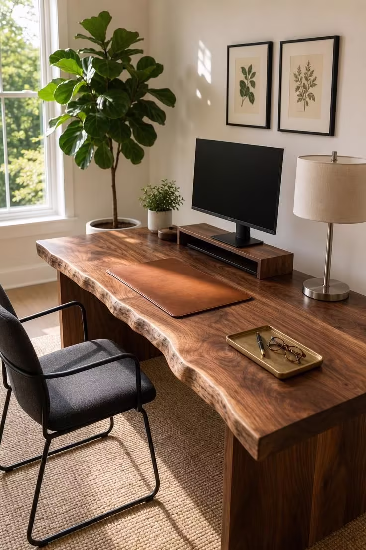 A walnut live-edge desk in bright midday light with a slim monitor, leather desk pad, and brass tray in a clean, sunlit home office.