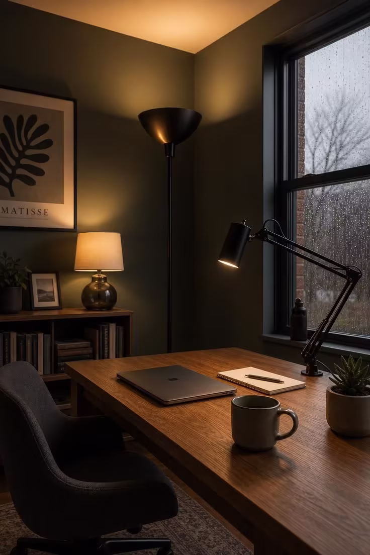 Three layered light sources in a sage-green home office, including a black articulated desk lamp, a brass-interior floor lamp, and a smoked glass table lamp on a bookshelf.