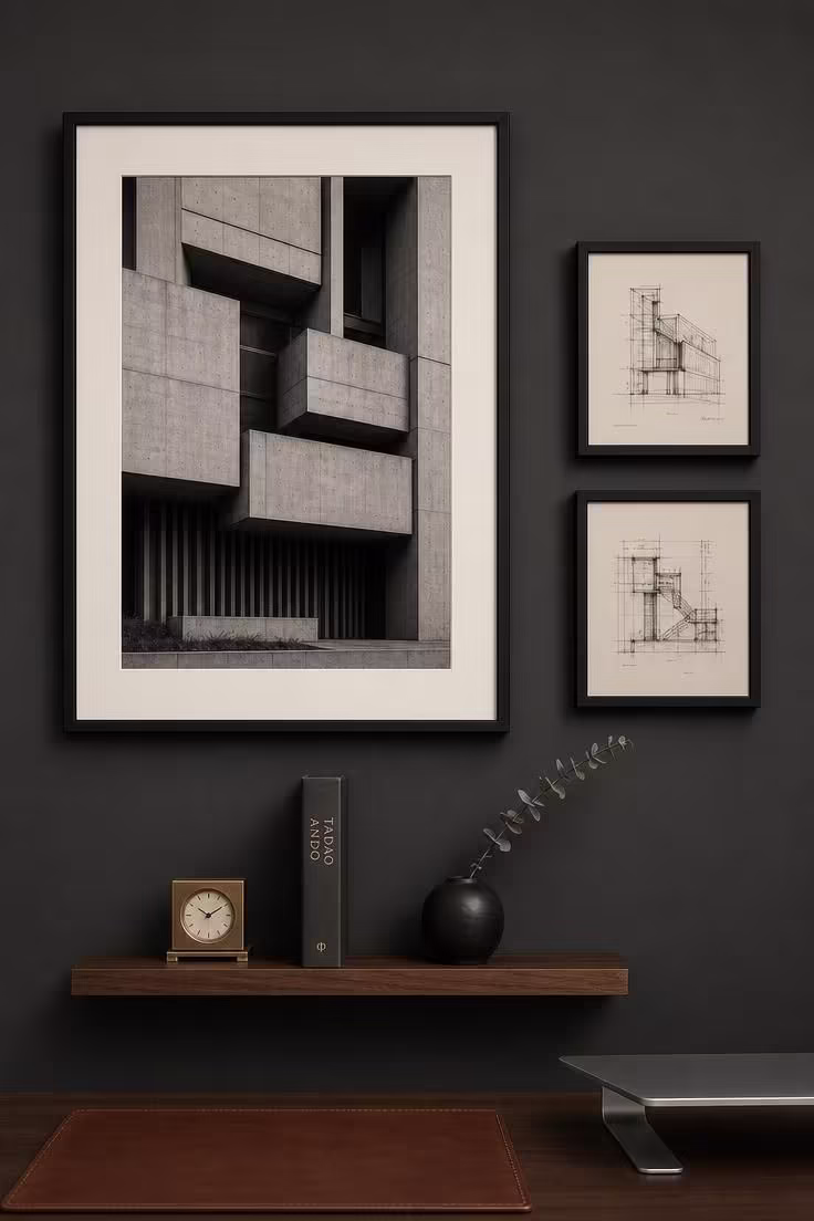 A charcoal office wall with a large black-and-white architectural photograph, two smaller line drawings, and a floating walnut shelf holding brass and ceramic objects.
