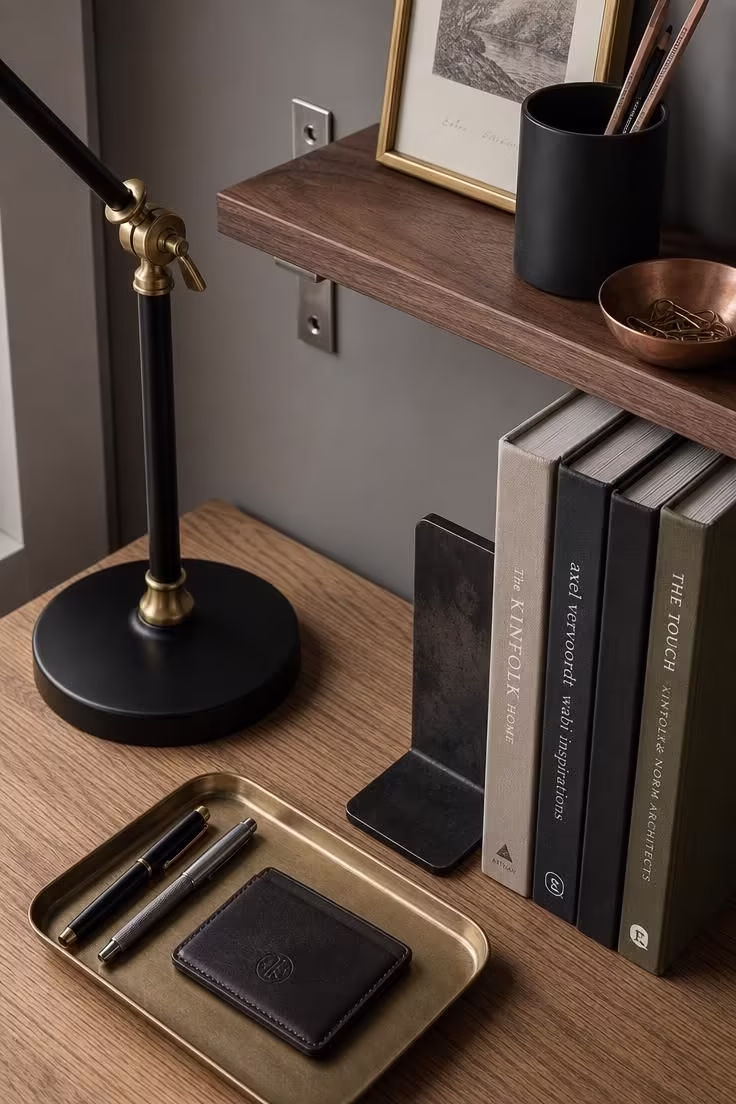A close-up of mixed metal finishes on a white oak desk corner, including a matte black steel lamp, brass tray, blackened iron bookend, and brushed steel shelf brackets.