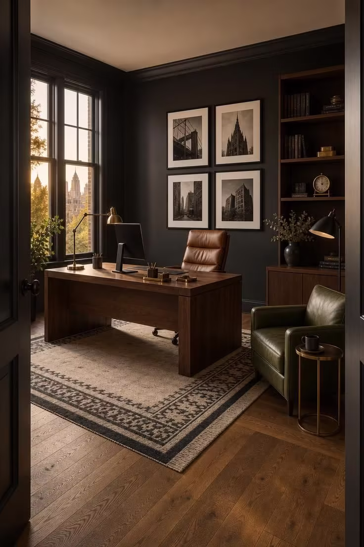Simple Spaces 16 A complete masculine home office with charcoal walls, walnut desk, cognac leather chair, gallery wall, and warm golden-hour light filling the room from tall windows.