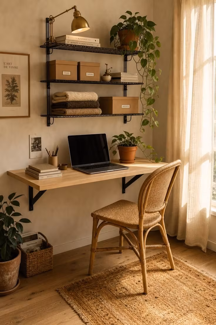 13 Cozy Home Office Ideas for Small Spaces You'll Love 1 A birch wall-mounted desk board under black wire shelves in a small home office corner with warm golden light.