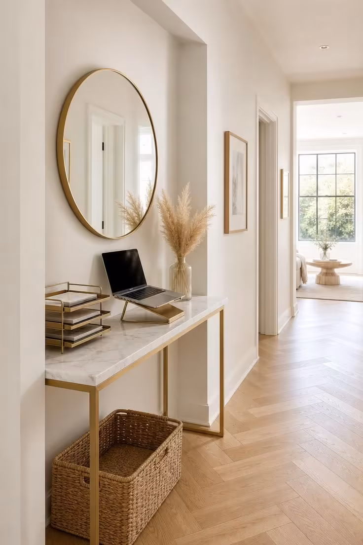 13 Cozy Home Office Ideas for Small Spaces You'll Love 3 A narrow marble-top console desk with brass legs set into a bright hallway alcove.