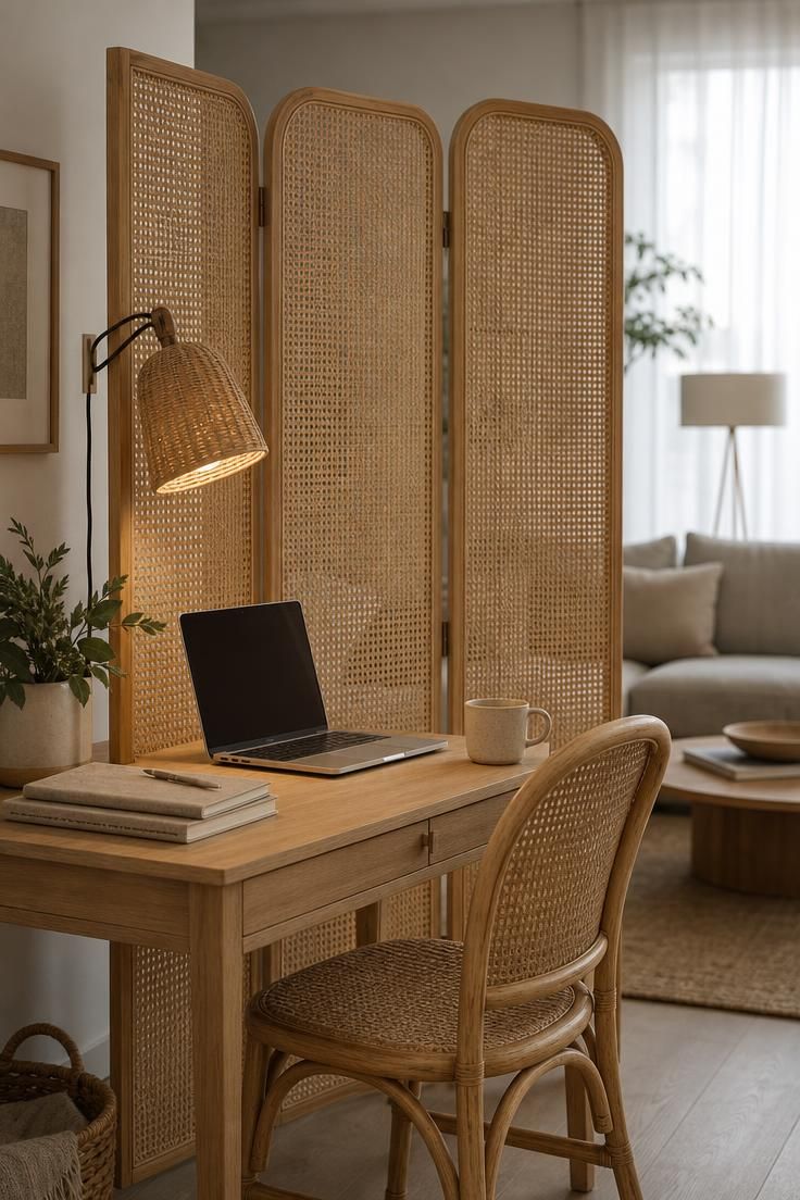 13 Cozy Home Office Ideas for Small Spaces You'll Love 4 A cane folding screen separating a small corner desk from an open-plan living room.