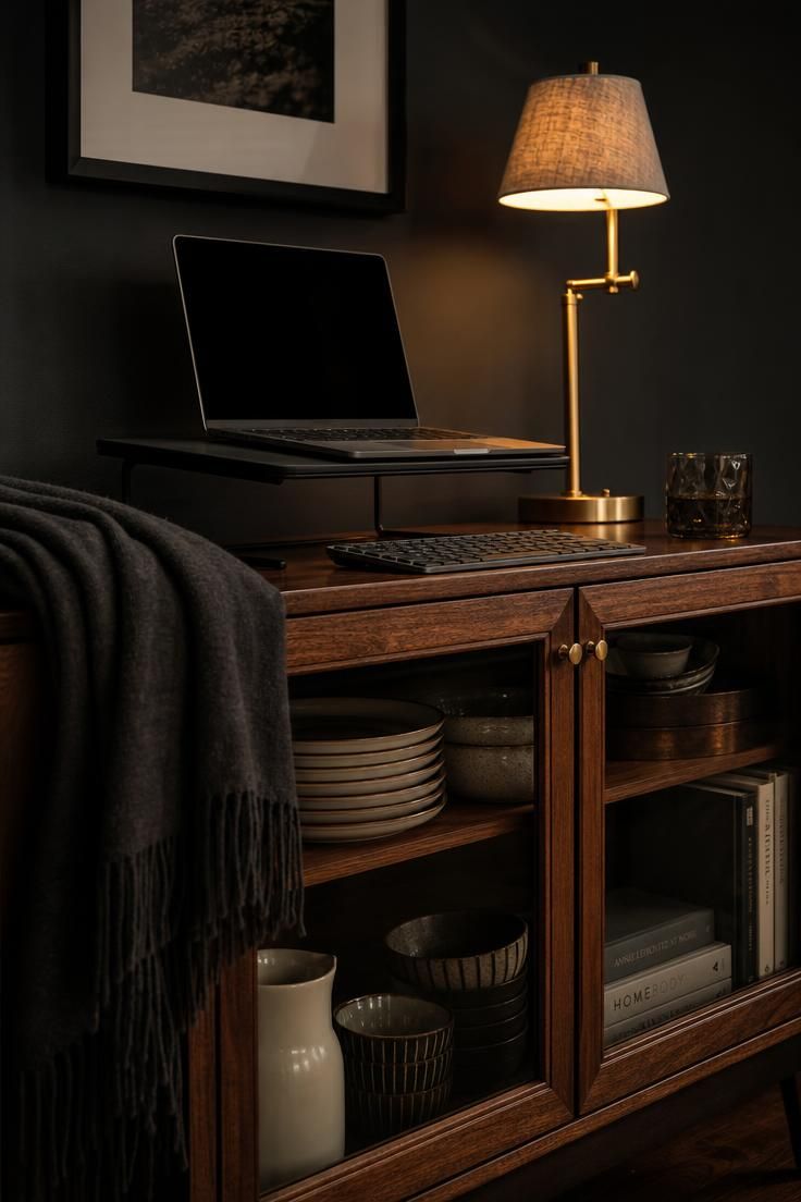 13 Cozy Home Office Ideas for Small Spaces You'll Love 5 A glass-front bar cabinet repurposed as a standing desk riser against a charcoal wall.