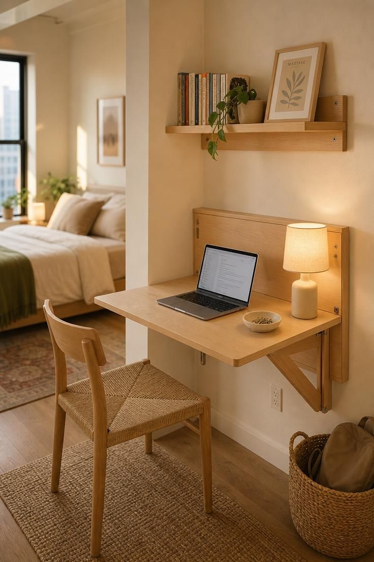 13 Cozy Home Office Ideas for Small Spaces You'll Love 6 A fold-flat maple wall desk unfolded for use in the corner of a studio apartment.