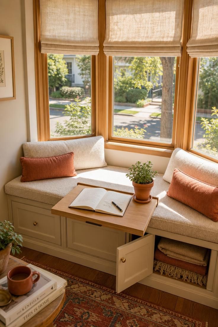 13 Cozy Home Office Ideas for Small Spaces You'll Love 7 A bay window bench with a slim pull-out writing board used as a small home office spot.