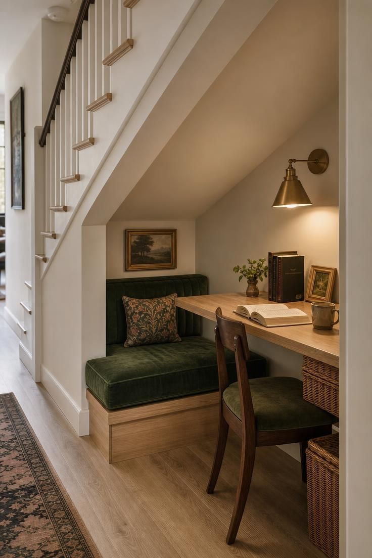 13 Cozy Home Office Ideas for Small Spaces You'll Love 8 An under-stair nook with a built-in bench seat and brass sconce used as a home office corner.