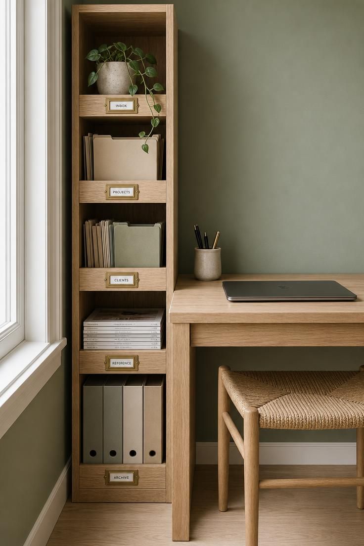 13 Cozy Home Office Ideas for Small Spaces You'll Love 9 A vertical file tower beside a micro writing desk in a small, organized home office setup.