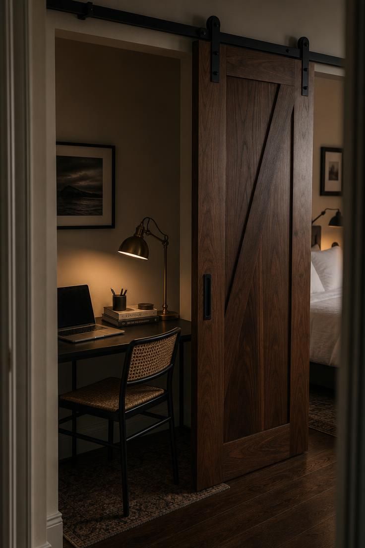 13 Cozy Home Office Ideas for Small Spaces You'll Love 10 A walnut sliding barn door partially closing off a bedroom desk corner lit in moody light.