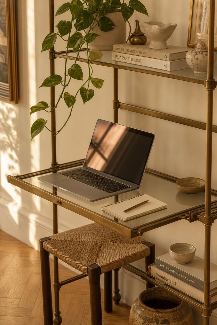 13 Cozy Home Office Ideas for Small Spaces You'll Love 11 A slim brass and glass etagere shelf with a fold-out laptop tray used as a compact desk.