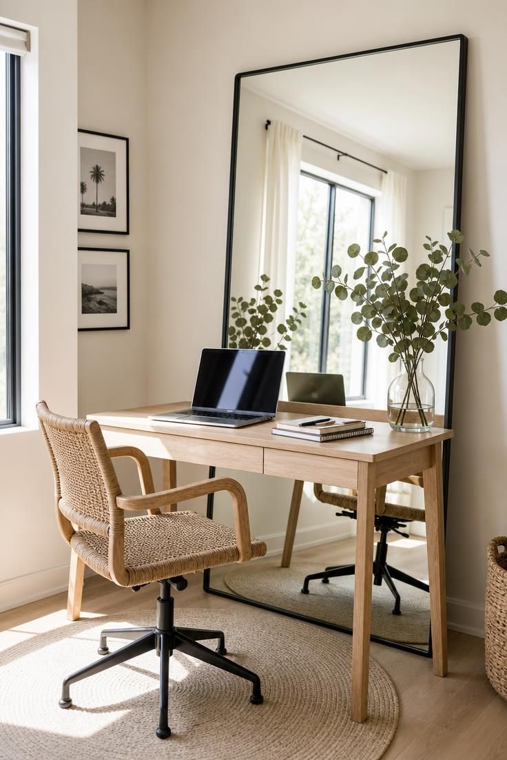 13 Cozy Home Office Ideas for Small Spaces You'll Love 12 A desk nook backed by a large leaning mirror that reflects light in a small studio apartment.