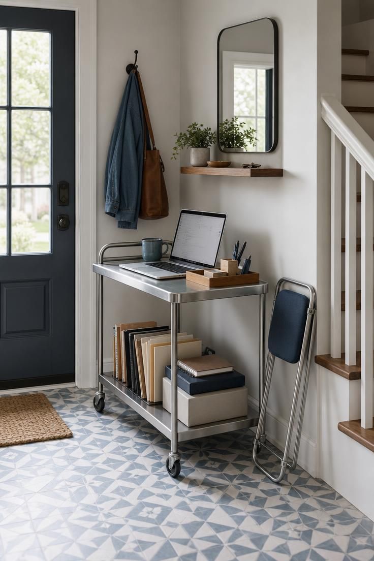 13 Cozy Home Office Ideas for Small Spaces You'll Love 13 A rolling bar cart used as a mobile home office tucked into a small entryway corner.