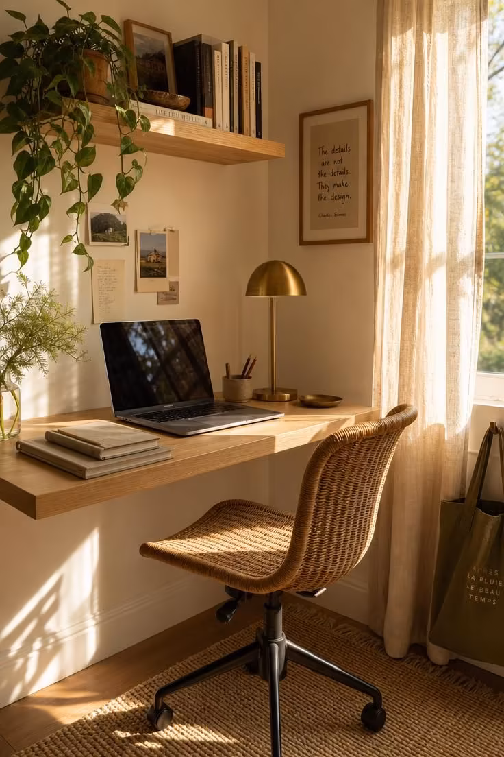 A cozy small home office corner with a white oak wall-mounted desk in warm golden light.