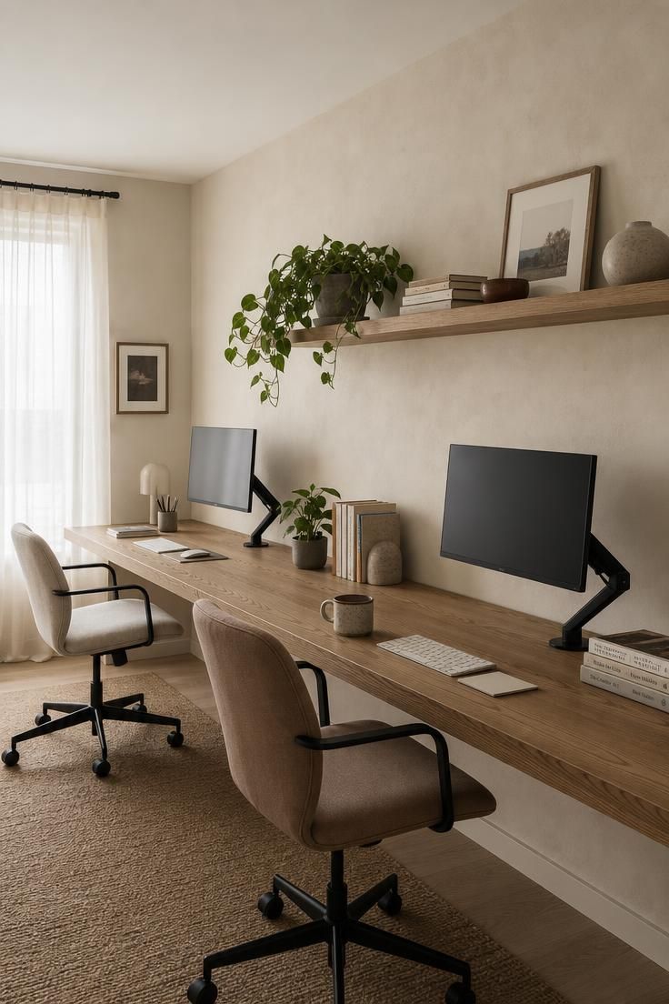 10 Cozy Home Office Ideas for Two Who Work Side by Side 1 A long shared ash-wood desk along one wall with two monitor arms and two task chairs.