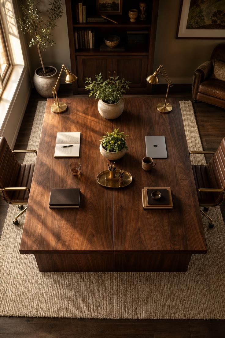10 Cozy Home Office Ideas for Two Who Work Side by Side 2 A walnut partner desk in the center of a room with two chairs facing each other and brass lamps.