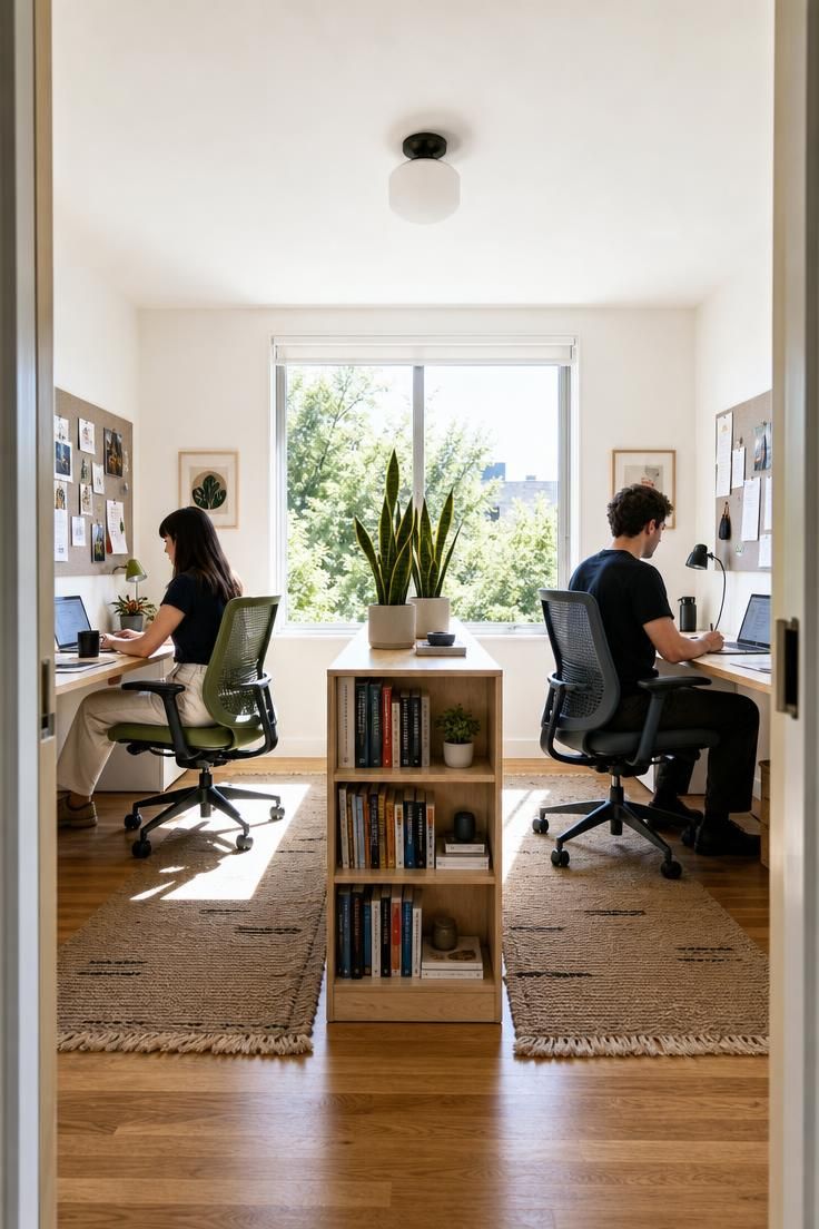 10 Cozy Home Office Ideas for Two Who Work Side by Side 3 Two desks placed back to back split by a low birch bookshelf, each facing an opposite wall.