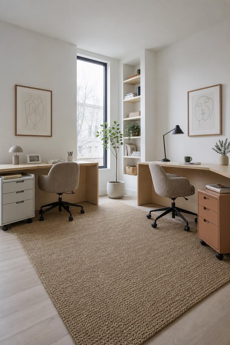 10 Cozy Home Office Ideas for Two Who Work Side by Side 4 Two L-shaped birch desks in opposite corners of a bright room with a jute rug between them.